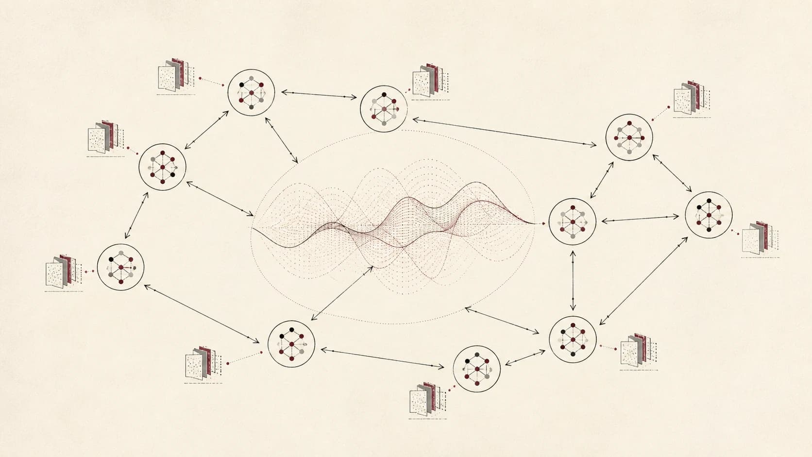 Diagrama editorial de una topología DFL entre pares y del intercambio de modelos locales