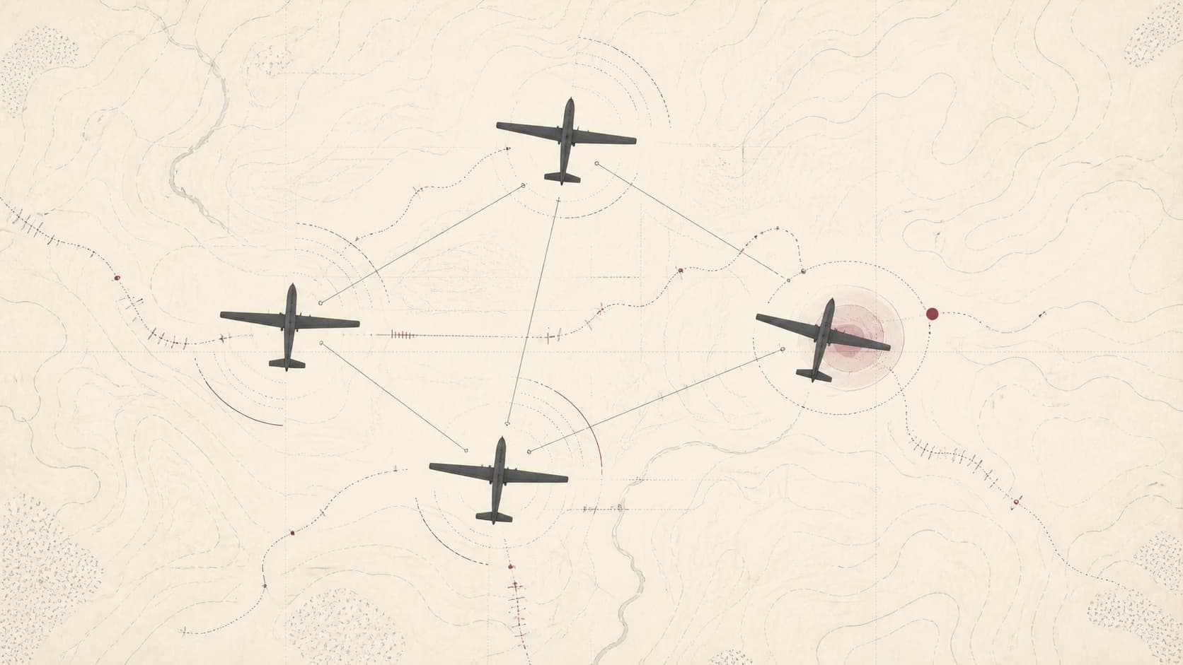 Editorial map of four reconnaissance platforms, peer links and an anomalous position signal